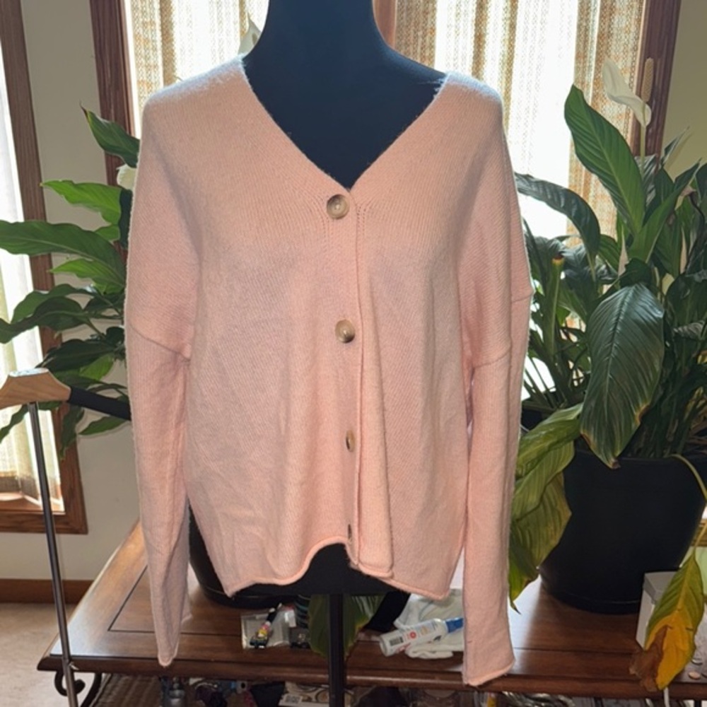 Pink V-Neck Knit Cardigan Sweater